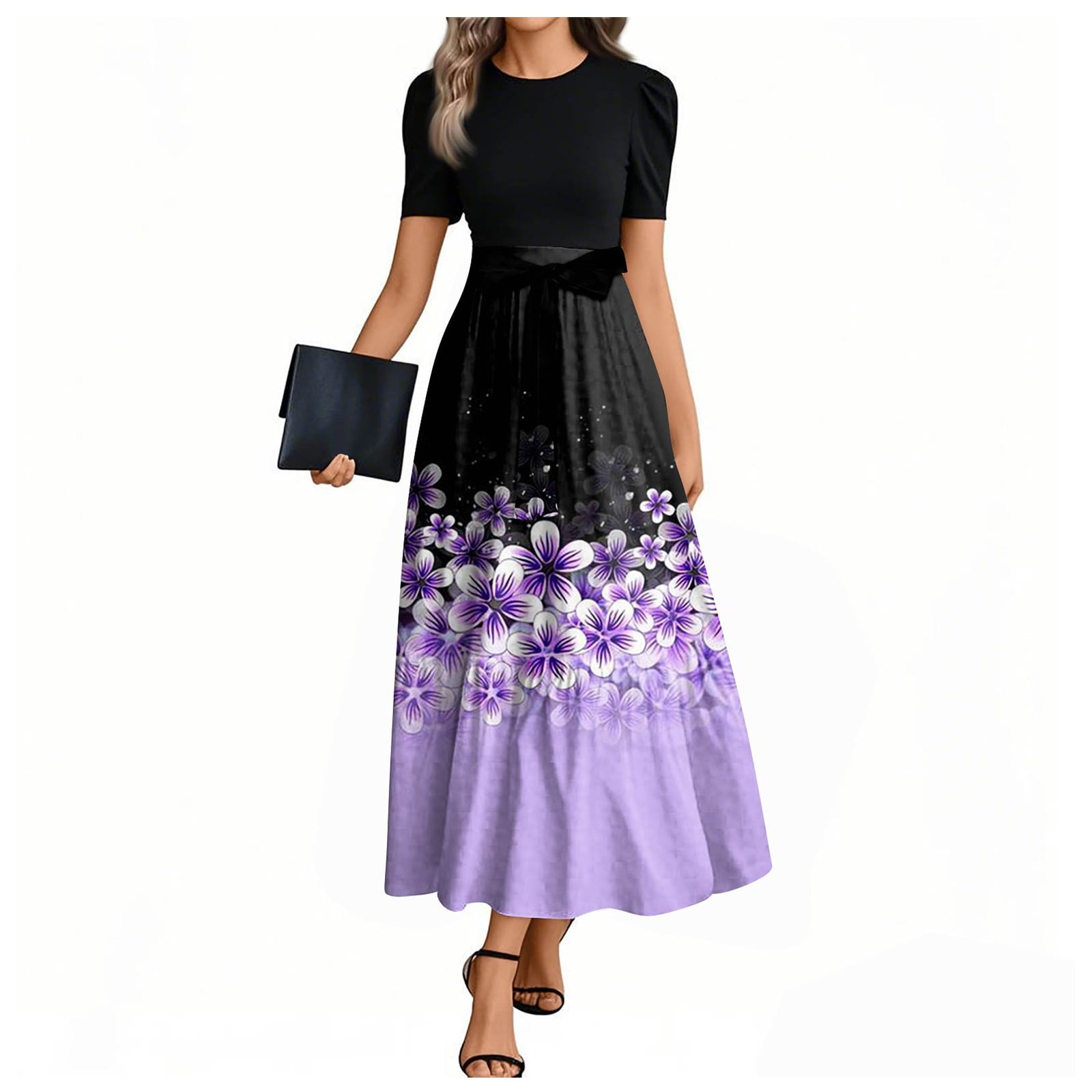 UoCefik Casual Maxi Dresses For Women Elegant Floral Print Short Sleeve ...