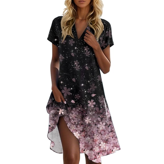 UoCefik Casual Summer Dresses For Women 2025 Beach Short Sleeve V Neck a Line Dresses Holiday Floral Party Sundress Trendy Flowy Dress Purple XL