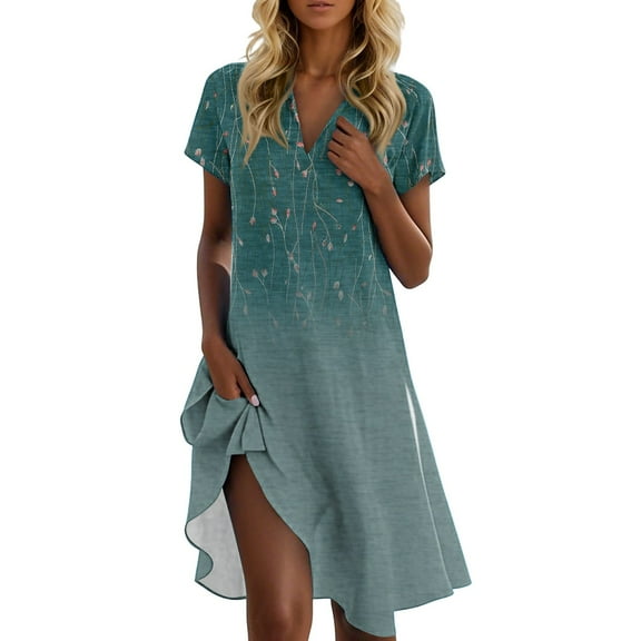 UoCefik Casual Sundresses For Women Summer Short Sleeve Floral a Line Dress Boho V Neck Beach Sundress Elegant Plus Size Flowy Dresses Cyan XL