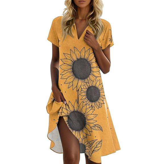 UoCefik Cocktail Wedding Guest Dresses For Women Casual V Neck Short Sleeve Polo Shirts Dress Holiday Sunflower Print Beach Summer Sundress Plus Size Boho Flowy Dresses Navy XXL