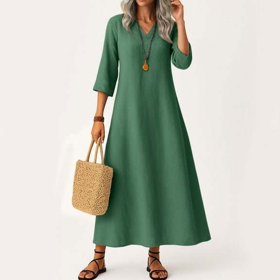 UoCefik Cotton Linen Dress for Women Summer Fashion V Neck Flowy Maxi Dress Loose Fit Fall 3/4 Sleeve Dresses Work Casual Beach Vacation Sundress Dark Green XL