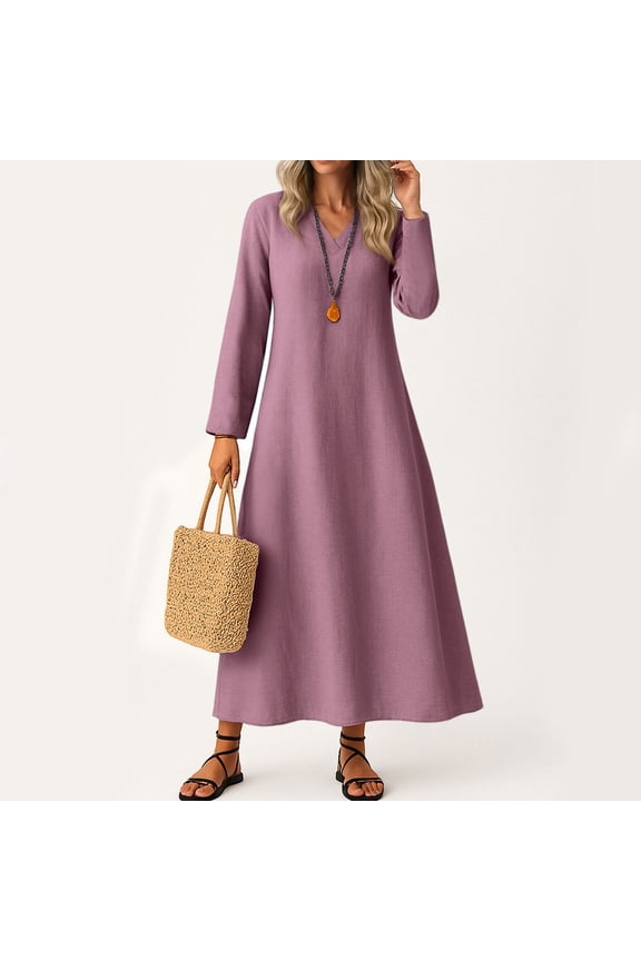 Cotton Linen Dress Women Work V Neck Flowy Maxi Dress Boho Casual Long Sleeve Dresses Loose Fit Fall Beach Vacation Sundress Purple XL
