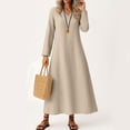 thumbnail image 1 of UoCefik Casual Linen Dresses for Women Boho Long Sleeve V Neck Long Dress Plus Size Flowy Sundress Trendy Fall Vacation Beach Dresses Beige XL, 1 of 5