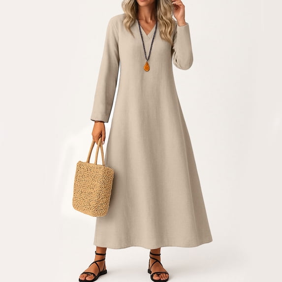 UoCefik Casual Linen Dresses for Women Boho Long Sleeve V Neck Long Dress Plus Size Flowy Sundress Trendy Fall Vacation Beach Dresses Beige XL
