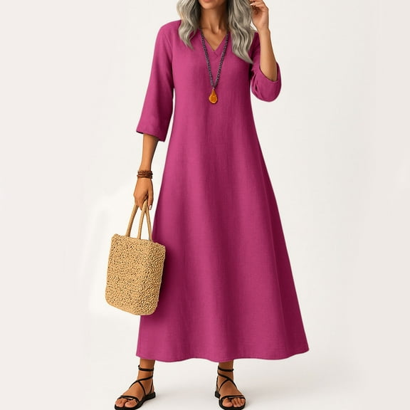 UoCefik Cotton Linen Dresses for Women 2025 Work V Neck 3/4 Sleeve Long Shift Dresses Boho Casual Flowy Sundress Elegant Fall Vacation Beach Dress Hot Pink M