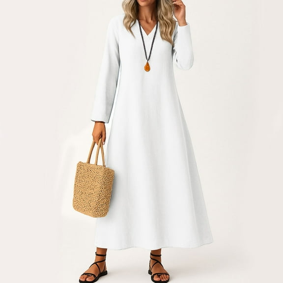 UoCefik Cotton Linen Summer Midi Dresses for Women 2025 Vacation Fashion V Neck Flowy Maxi Dresses Business Fall Long Sleeve Dress Trendy Casual Beach Sundress White S