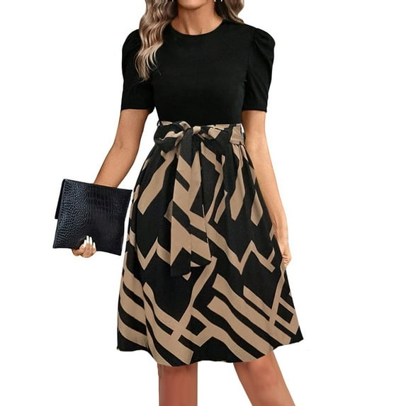 UoCefik Cotton Sundresses For Women Summer Floral Short Sleeve Short Mini Dresses Wrap Flowy Patchwork Work Elegant Dress Coffee XL