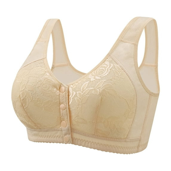 UoCefik Daisy Bras for Older Women Plus Size Wirefree Comfortable Front Closure Bras Push Up No Underwire Full Coverage Bra Lace Sleep Bras Beige 44