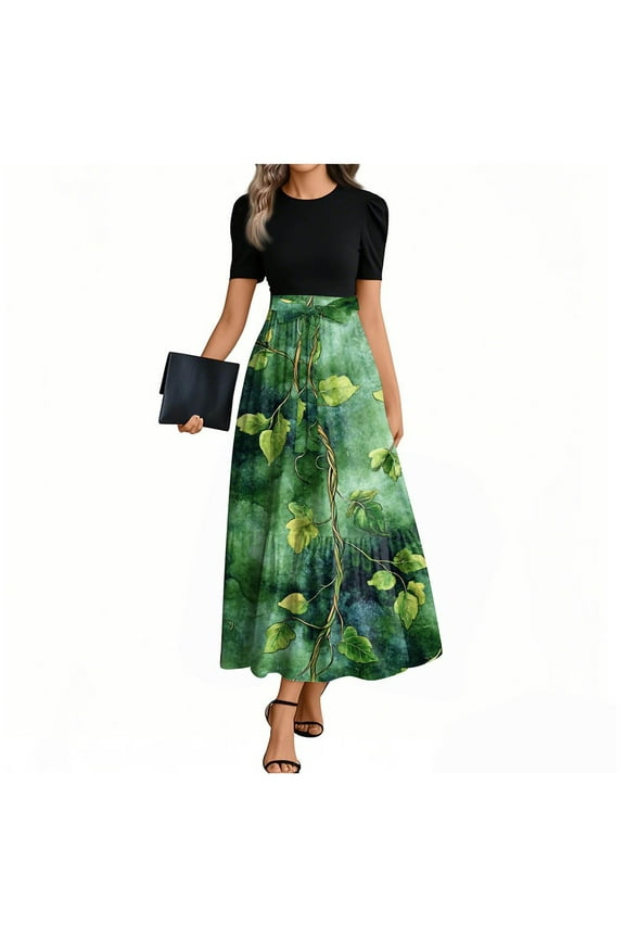 Dark Green Dress Women Casual Sundresses Summer Floral Short Sleeve a Line Dresses with Belt Elegant Patchwork Fashion Flowy Maxi Dress L
