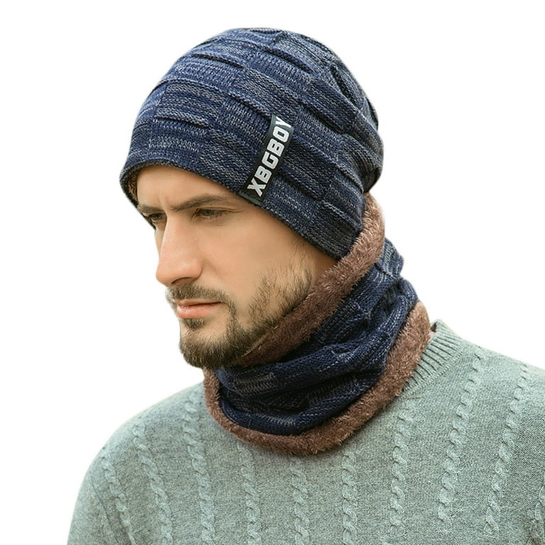 UoCefik Designer Beanies for Men with Scarf 2PCS Set Warm Fleece Lined  Knitted Cold Weather Beanie Cold Weather Winter Thick Fitted Hat for Men  Navy
