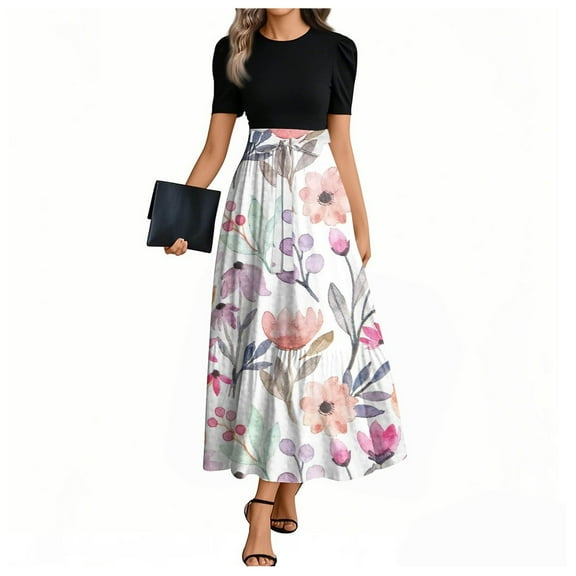 UoCefik Dress For Wedding Guest Woman Flowy Floral Print Summer Wedding Guest Dresses Wrap Short Sleeve Patchwork Casual Elegant Long Dress Watermelon Red XL