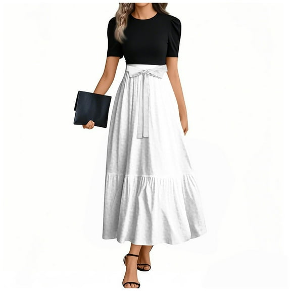 UoCefik Dress For Women Wedding Guest Elegant Floral Print Summer Long Maxi Dresses with Belt Short Sleeve Empire Waist Work Flowy a Line Dress White XL