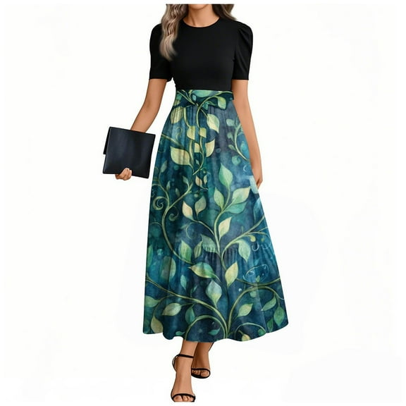 UoCefik Dresses For Curvy Women Elegant Floral Print Short Sleeve Long Dress with Belt Summer Empire Waist Teacher Flowy a Line Dresses Multicolor L