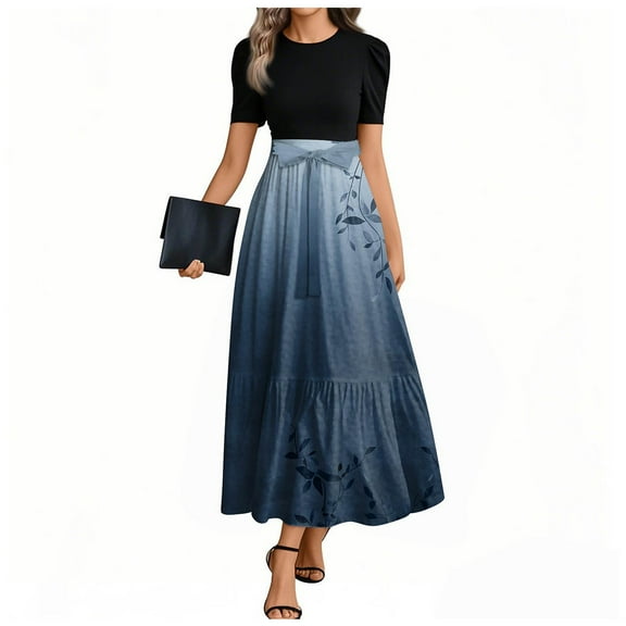 UoCefik Dresses For Wedding Guest Summer Floral Short Sleeve Long Dress Wrap Flowy Patchwork Cocktail Elegant Dresses Navy M