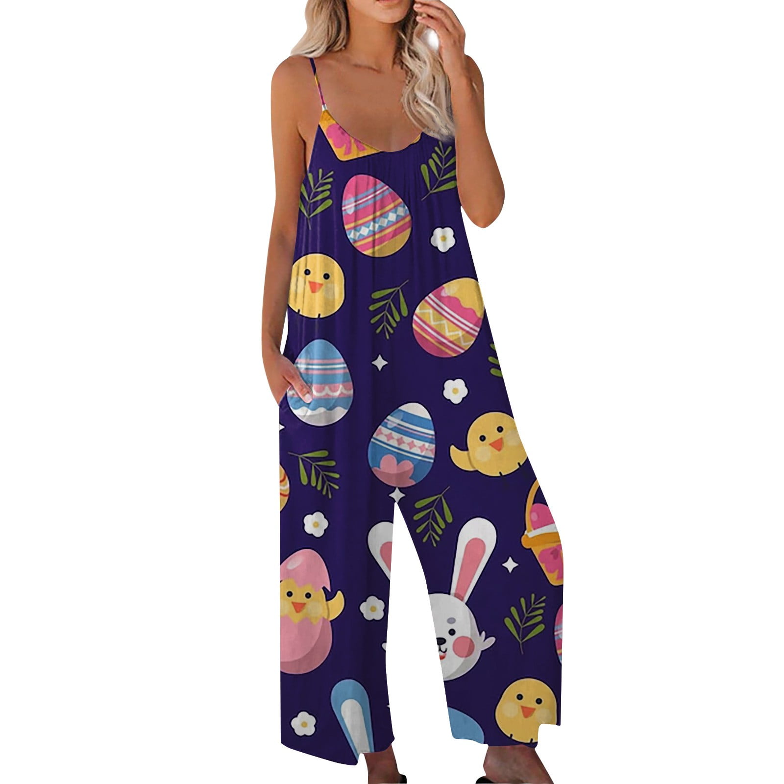 UoCefik Easter Casual Jumpsuits for Women Plus Size Easter Bunny Egg Print  Baggy Bib Overalls for Women Plus Size Sleeveless Straps One Piece  Jumpsuits Wide Leg Loose Fit Rompers with Pockets S 