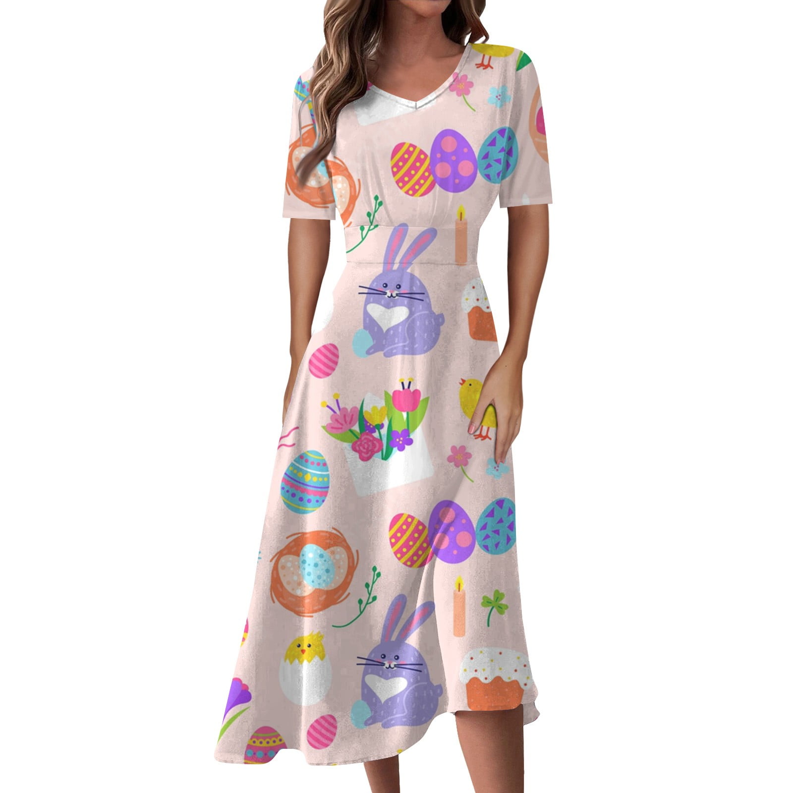 UoCefik Easter Dresses for Women 2024 Party Short Sleeve Easter Bunny Rabbit Eggs Graphic Loose