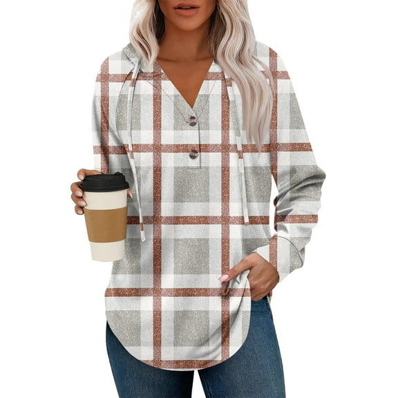 UoCefik Flannel Hoodies for Women Fall Plaid Long Sleeve Drawstring Sweatshirt Casual Hooded V Neck Pullover Oversized Button Shirts Holiday Cute Tunic Hoodies Country Clothes Light Gray M