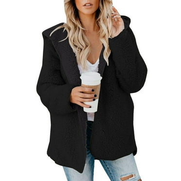 UoCefik Fleece Jacket Women Plus Size Oversized Sherpa Jackets Winter Teddy Bear Coat with Pockets Long Sleeve Open Front Hooded Cardigan Black XL