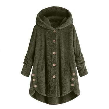 UoCefik Fleece Jacket Women Plus Size Winter Button Down Cardigan Fuzzy Warm Coat Hooded Long Sleeve Outwear Jackets with Pockets Army Green M