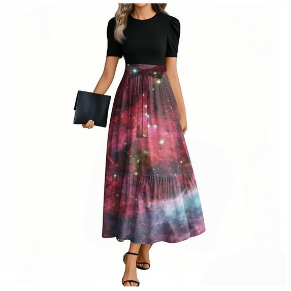 UoCefik Floral Dress For Women Wedding Guest Elegant Floral Print Short Sleeve Dresses Tie Belted Flowy Sundress Cocktail Summer Long Dress Red XL
