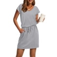 thumbnail image 1 of UoCefik Floral Dress for Women Wedding Guest Casual Fashion Short Sleeve Tie Waist T Shirt Dress Elegant Tie Front Midi Sundress Beach Travel Summer Holiday Dresses with Pockets Gray M, 1 of 5