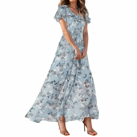 UoCefik Floral Maxi Dresses for Women 2025 Summer Elegant Flutter Sleeve Long Flowy Dresses Trendy V Neck Garden Party Dress Dark Blue XXL