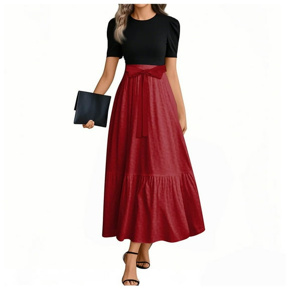 UoCefik Flowy Maxi Dresses For Women Floral Short Sleeve Long Dresses with Belt Summer Patchwork Teacher Elegant Wedding Guest Dress Red S