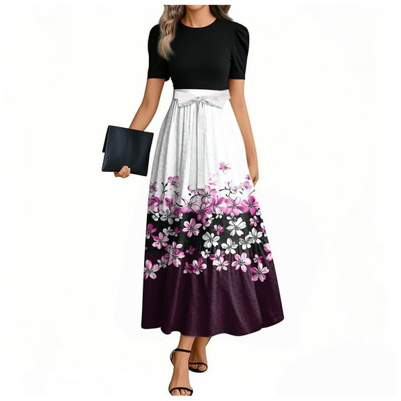 UoCefik Formal Dresses For Women Wedding Guest Summer Floral Print Short Sleeve Dresses Wrap Elegant Sundress Fashion Casual Flowy Maxi Dress Purple M