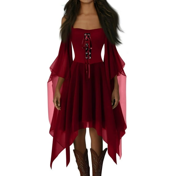 UoCefik Gothic Dress Dark Style Halloween Dress Different from Others Women's Gothic Punk Dress Cold Shoulder Butterfly Sleeve Christmas Cosplay Party Dress, Deep Red S