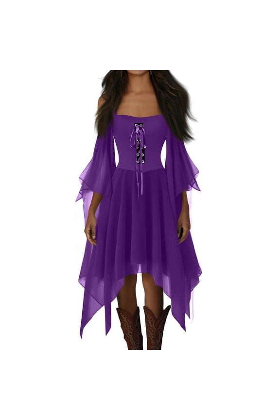 Gothic Dress Dark Style Halloween Dress Different from Others Women's Gothic Punk Dress Cold Shoulder Butterfly Sleeve Christmas Cosplay Party Dress, Purple Pink S