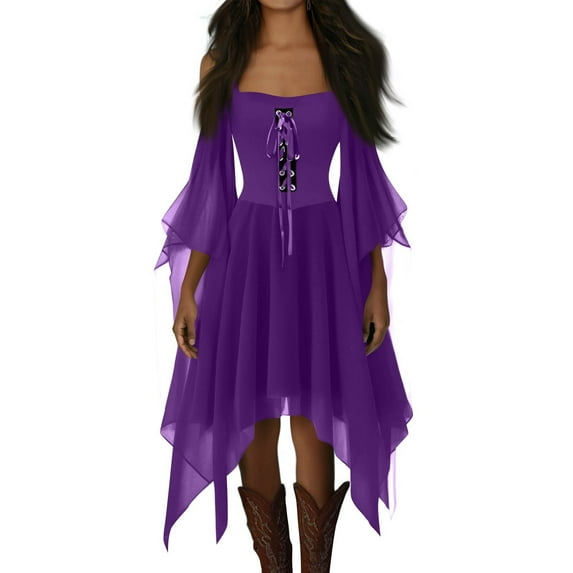 UoCefik Gothic Dresses for Women Cold Shoulder Butterfly Sleeve Lace Up Suspender Halloween Gothic Dresses Vintage Medieval Evening Dress, Purple Pink M