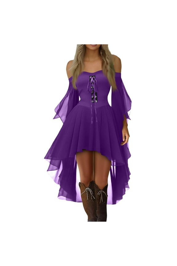 Gothic Dresses for Women Cold Shoulder Butterfly Sleeve Lace Up Suspender Halloween Gothic Dresses Vintage Medieval Evening Dress Purple Pink S