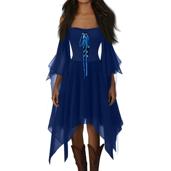UoCefik Gothic Dresses for Women Cold Shoulder Butterfly Sleeve Lace Up Suspender Halloween Gothic Dresses Vintage Medieval Evening Dress, Blue 3XL