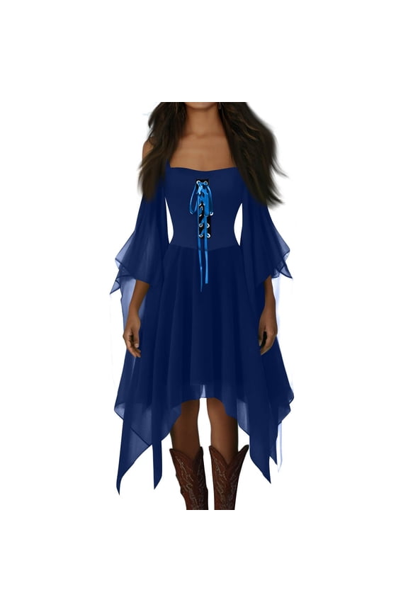 Gothic Dresses for Women Cold Shoulder Butterfly Sleeve Lace Up Suspender Halloween Gothic Dresses Vintage Medieval Evening Dress, Blue XXL