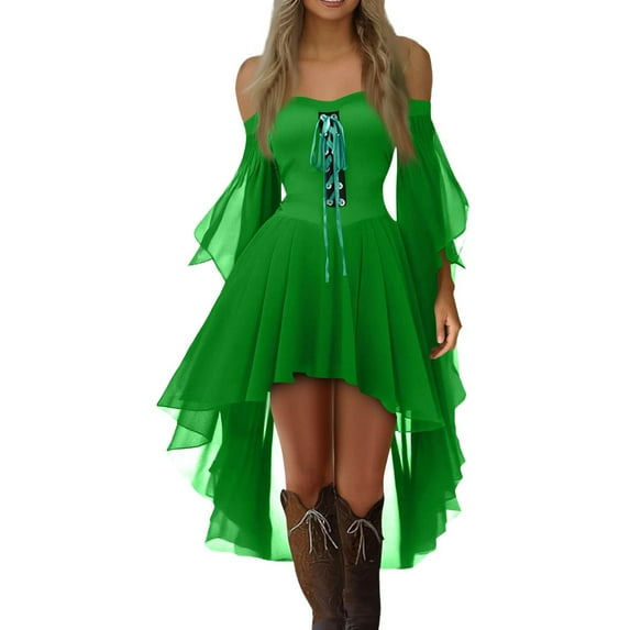 UoCefik Gothic Dresses for Women Cold Shoulder Butterfly Sleeve Lace Up Suspender Halloween Gothic Dresses Vintage Medieval Evening Dress Green XL