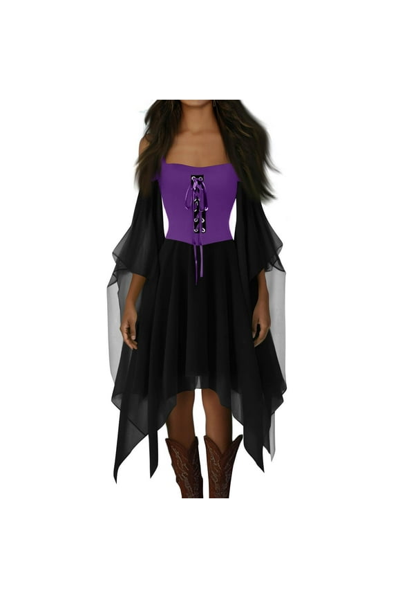 Halloween Costume Womens Gothic Witch Medieval Dress Plus Size Renaissance Cosplay Vintage Maxi Dress Long Sleeve Splicing Solid Retro Gown Button Irregular Dress, Purple XXL