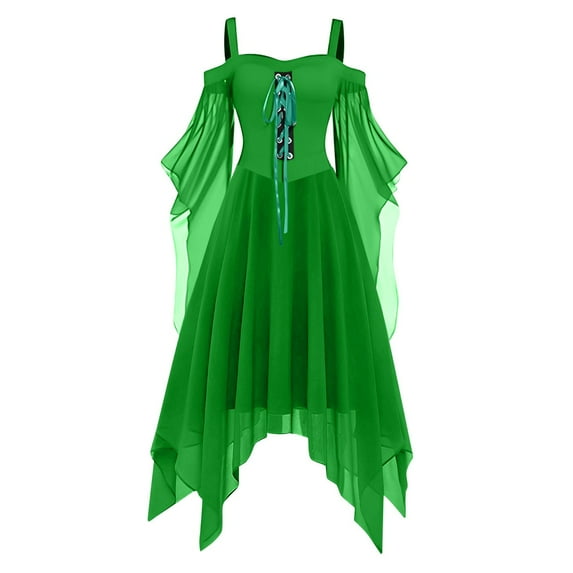 UoCefik Halloween Costume Womens Gothic Witch Medieval Dress Plus Size Renaissance Cosplay Vintage Maxi Dress Long Sleeve Splicing Solid Retro Gown Button Irregular Dress, Green 3XL