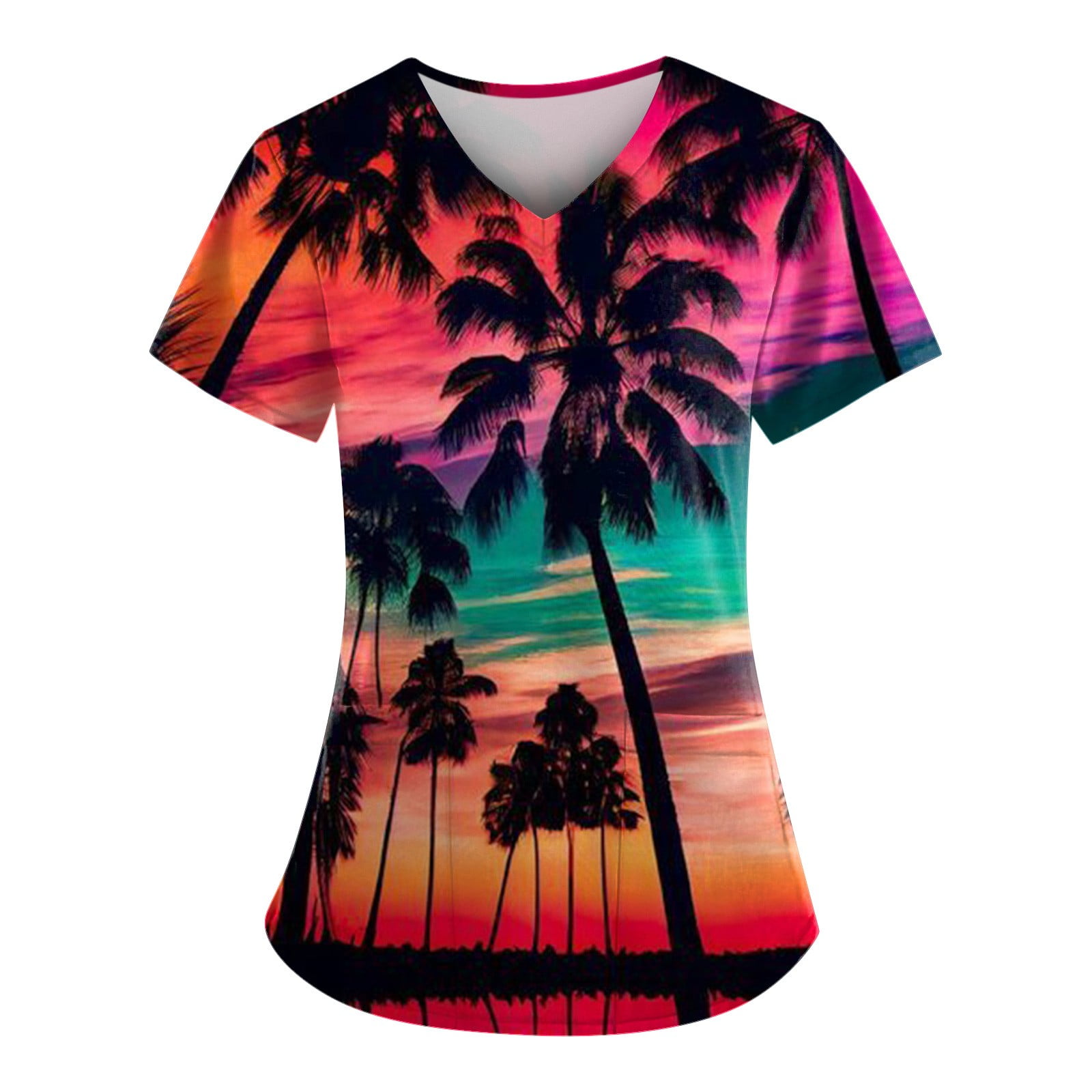 UoCefik Hawaiian Women's Hawaiian Scrubs Tops Short Sleeve V Neck