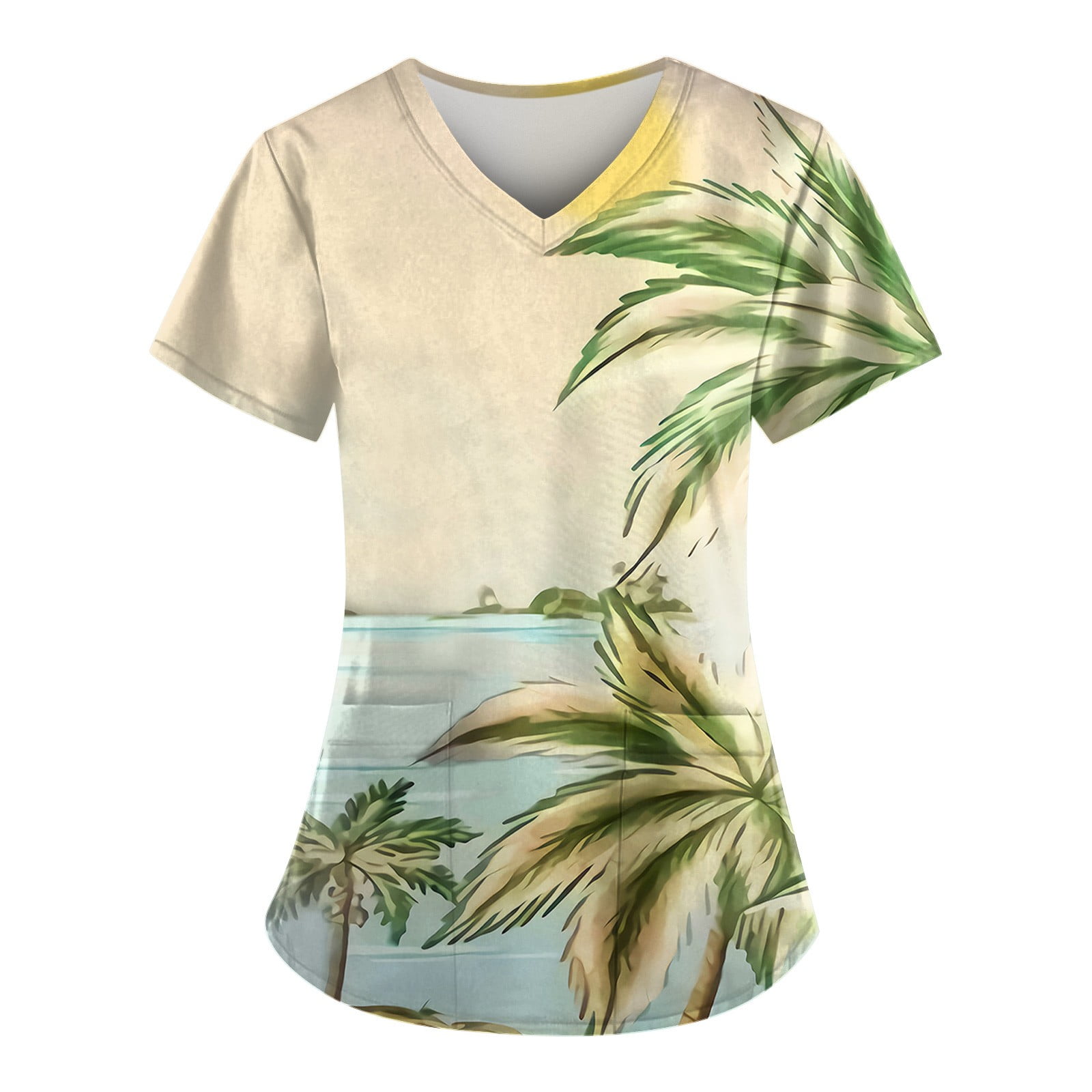 UoCefik Hawaiian Women's Hawaiian Scrubs Tops Short Sleeve V Neck