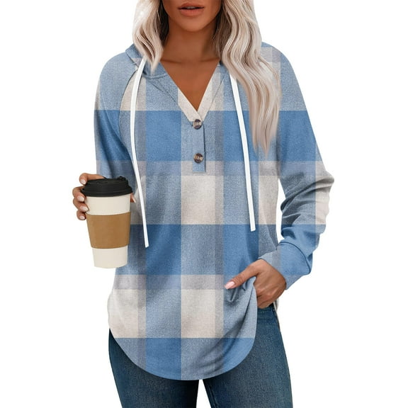 UoCefik Hoodies Sweatshirt for Women Fall Plaid Button Down Hooded Sweatshirt Casual V Neck Long Sleeve Pullover Winter Drawstring Shirts Cute Fashion Tunic Hoodies Flannel Clothes Sky Blue M