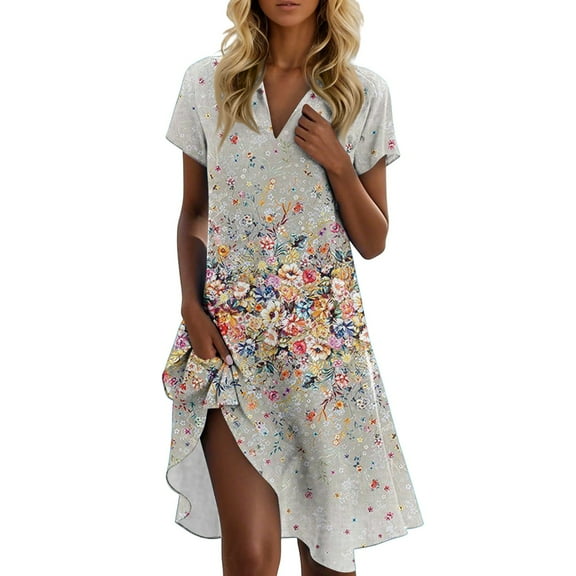 UoCefik Ladies Summer Dresses 2025 V Neck Short Sleeve a Line Mini Dress Petite Floral Holiday Beach Sundress Party Casual Flowy Dresses Khaki XL