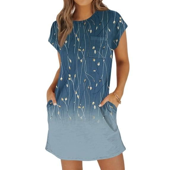 UoCefik Light Blue Plus Size Dresses For Curvy Women Beach Crewneck Short Sleeve T Shirts Dress Petite Ethnic Floral Summer Sundress Boho Casual Mini Dresses with Pockets L