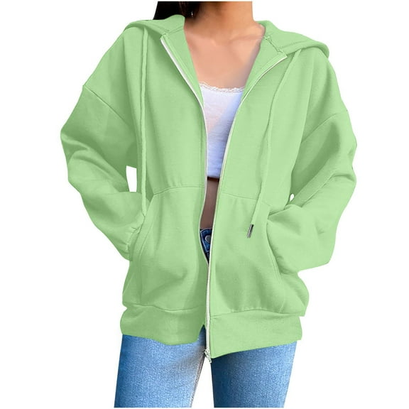 UoCefik Lightweight Zip Up Hoodie Women Fall Winter Casual Drawstring Oversized Sweatshirts Cropped Long Sleeve Y2k 2025 Fashion Jacket with Pockets Green XL