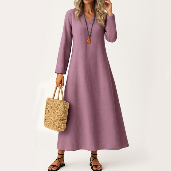 UoCefik Linen Dress Plus Size Women Business V Neck Flowy Maxi Dress Elegant Casual Long Sleeve Sundress Modest Fall Beach Vacation Dresses Purple XL