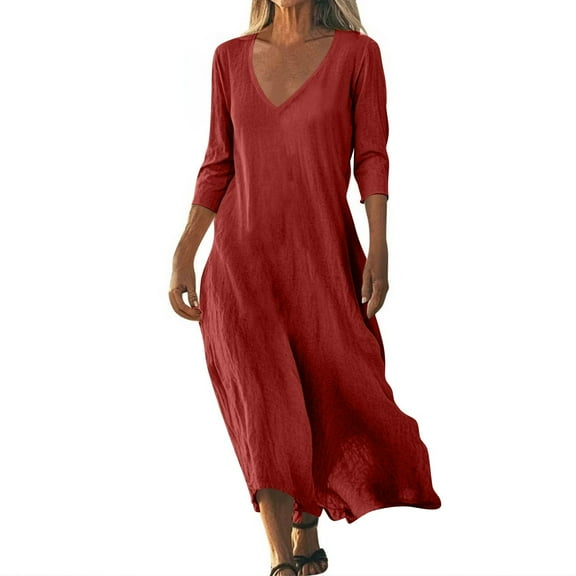 UoCefik Linen Dress for Women 2025 Casual Summer 3/4 Sleeve Flowy Maxi Sundress Plus Size Beach Vacation Gauze Dresses Wine M