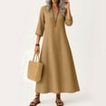 thumbnail image 1 of UoCefik Linen Dress for Women Boho V Neck 3/4 Sleeve Maxi Dress Trendy Casual Flowy Sundress Work Fall Vacation Beach Dresses Light Brown S, 1 of 5