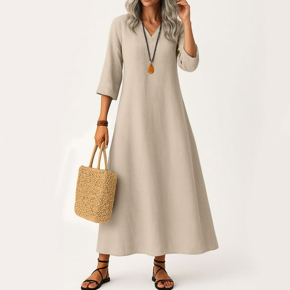 UoCefik Linen Dresses for Women 2025 Petite Business Flowy V Neck Long Dresses Modest Fall 3/4 Sleeve Dress Loose Fit Casual Beach Vacation Sundress Beige XL