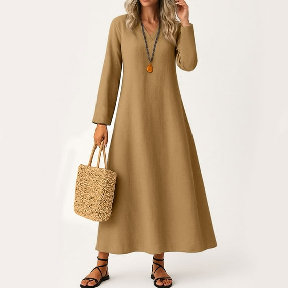 UoCefik Linen Summer Dresses for Women 2025 Fashion Flowy V Neck Long Shift Dresses Trendy Casual Long Sleeve Dress Elegant Fall Vacation Beach Sundress Light Brown S