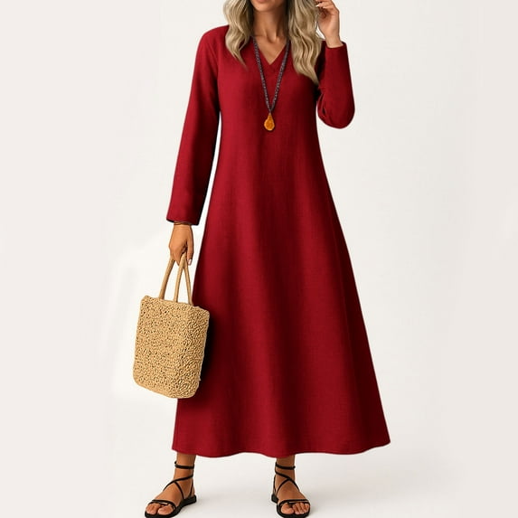 UoCefik Linen Summer Dresses for Women 2025 Plus Size V Neck Long Sleeve Long Maxi Dresses Trendy Casual Flowy Dress Fall Vacation Beach Sundress Wine M