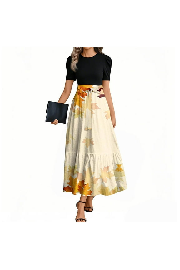 Long Beach Dresses For Women Elegant Floral Summer Maxi Dresses Tie Belted Short Sleeve Empire Waist Casual Flowy a Line Dress Yellow XXL